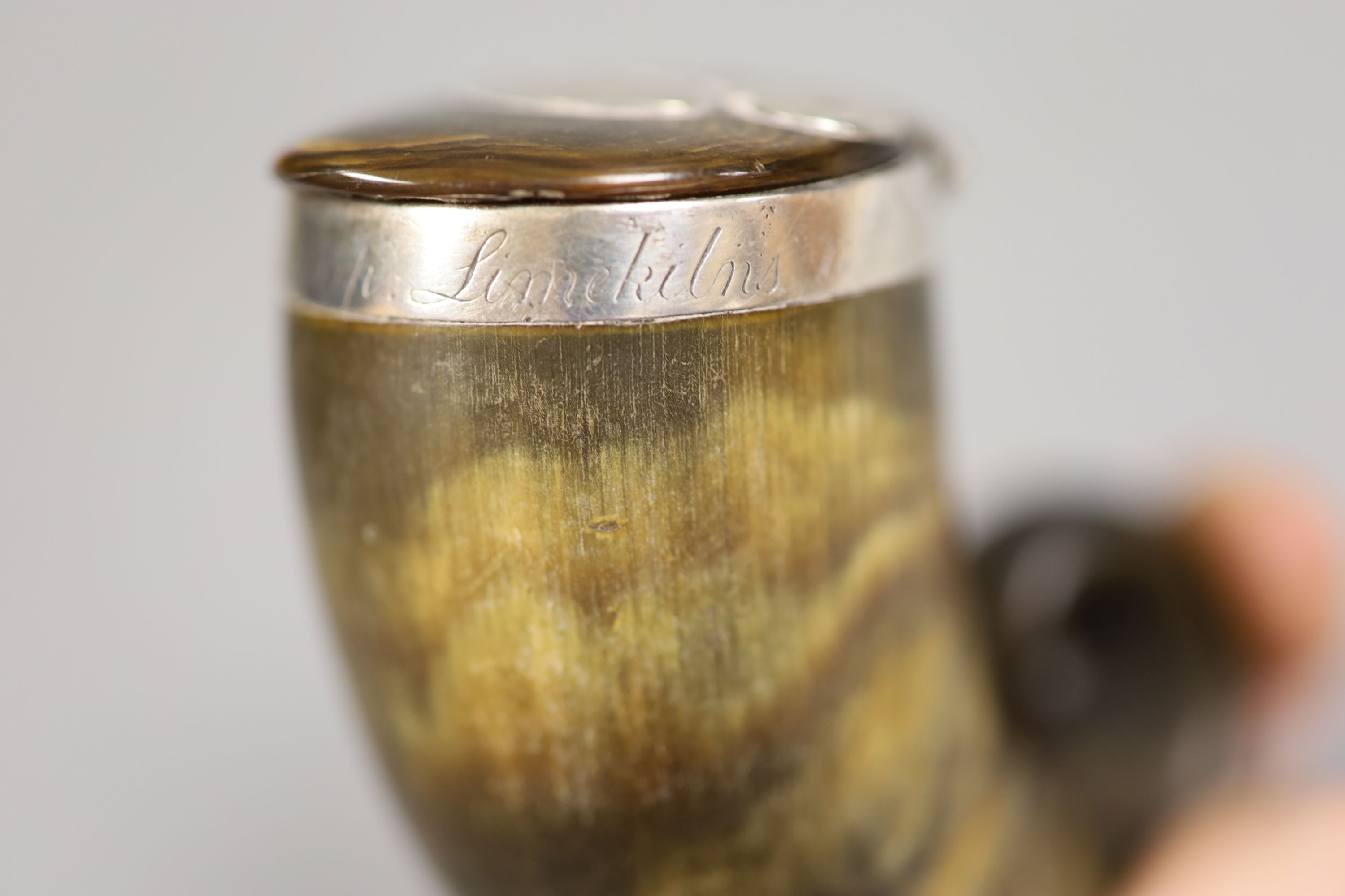 A 19th century Scottish white metal mounted horn snuff mull, inscribed 'Francis Sharp, Limekilns', 75mm.